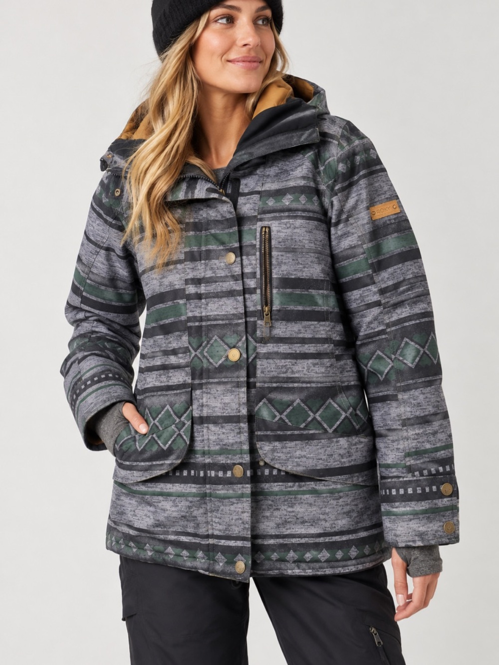 Roxy DryFlight Insulated Snowboard Ski Jacket Gray Green Geometric Size Small
